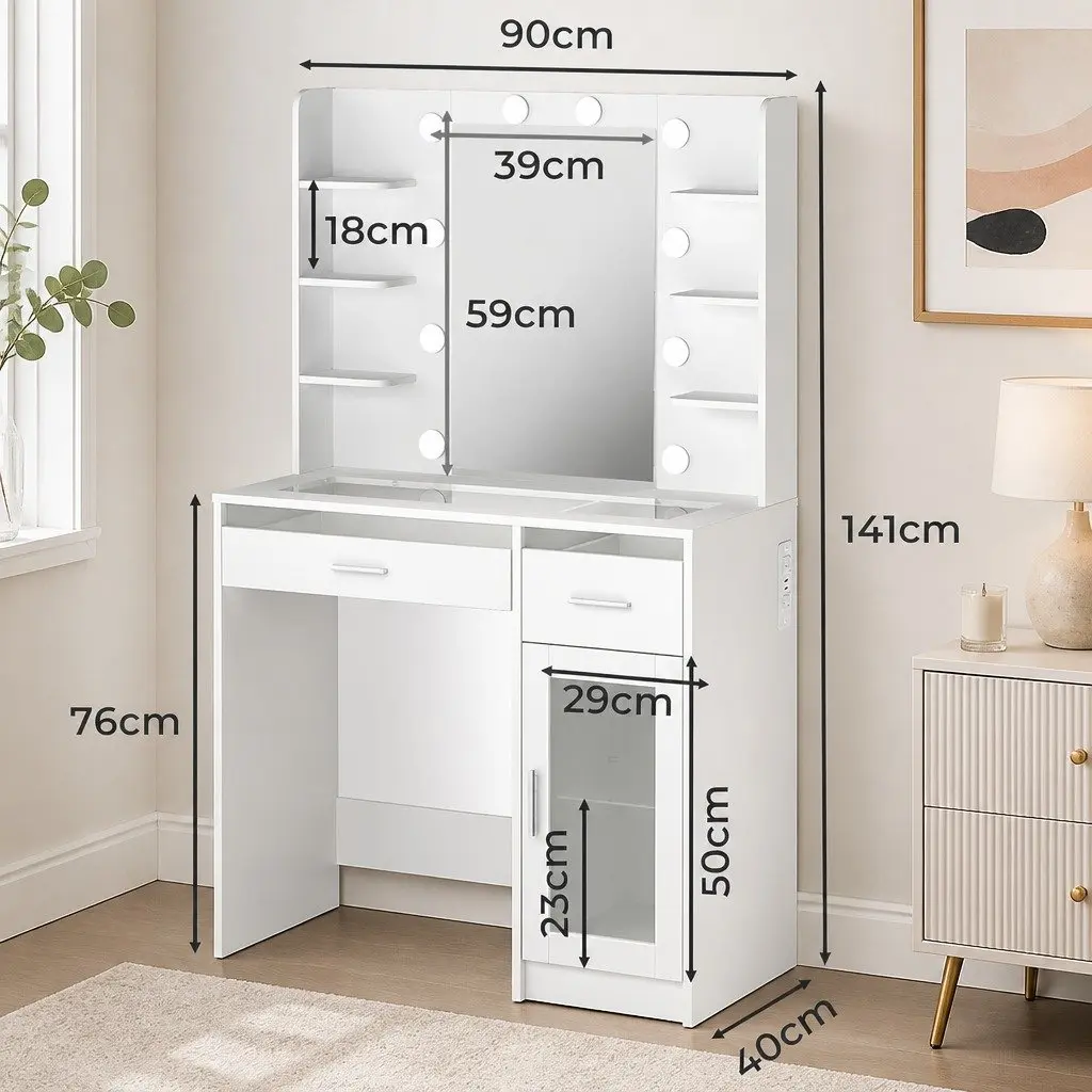 Vanity Desk Makeup Mirror with LED Lights Storage Drawers and Shelves Modern White Matte 90cm x 40cm x 141cm