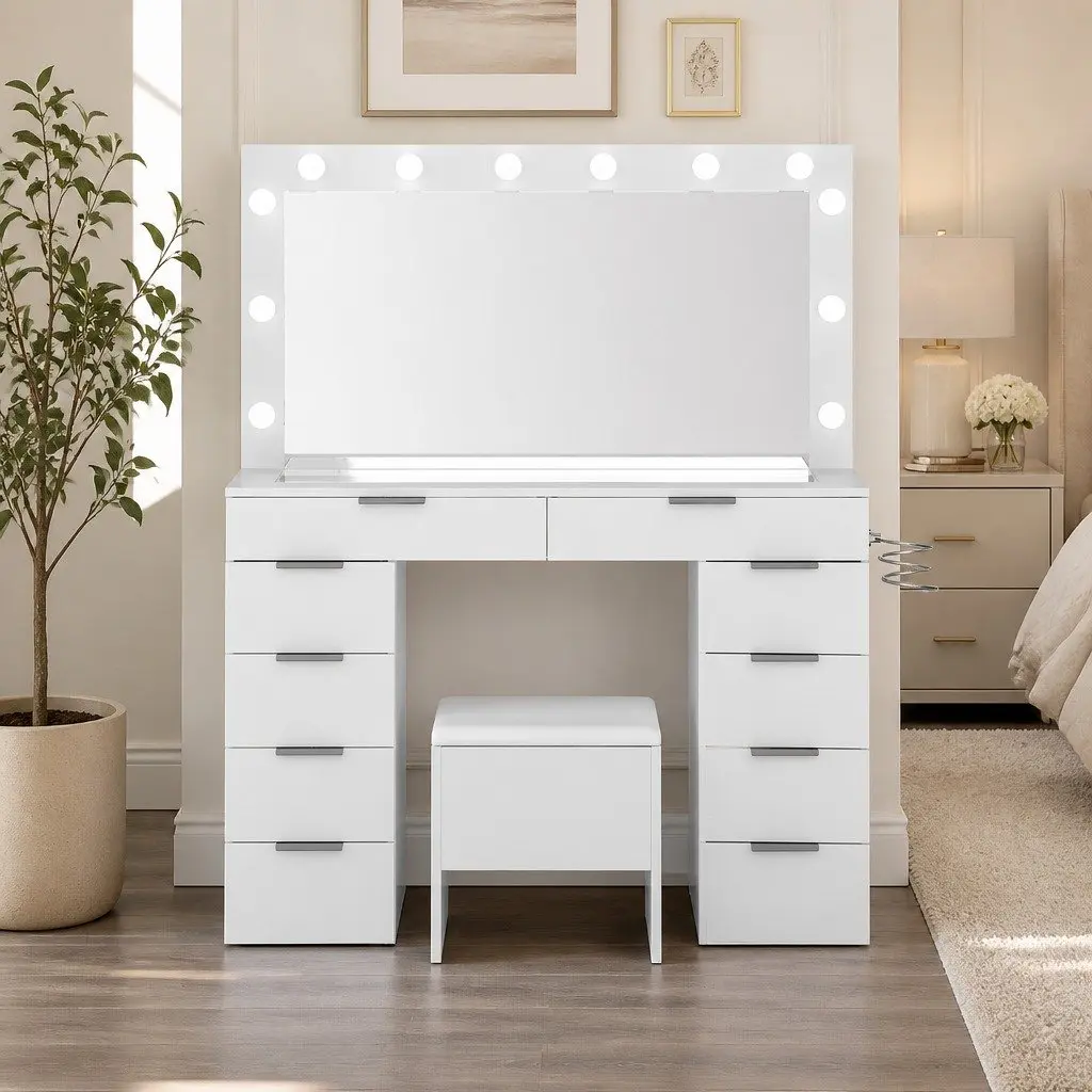 Dressing Table LED Makeup Mirror Vanity Desk Set with 10 Drawers and Padded Stool