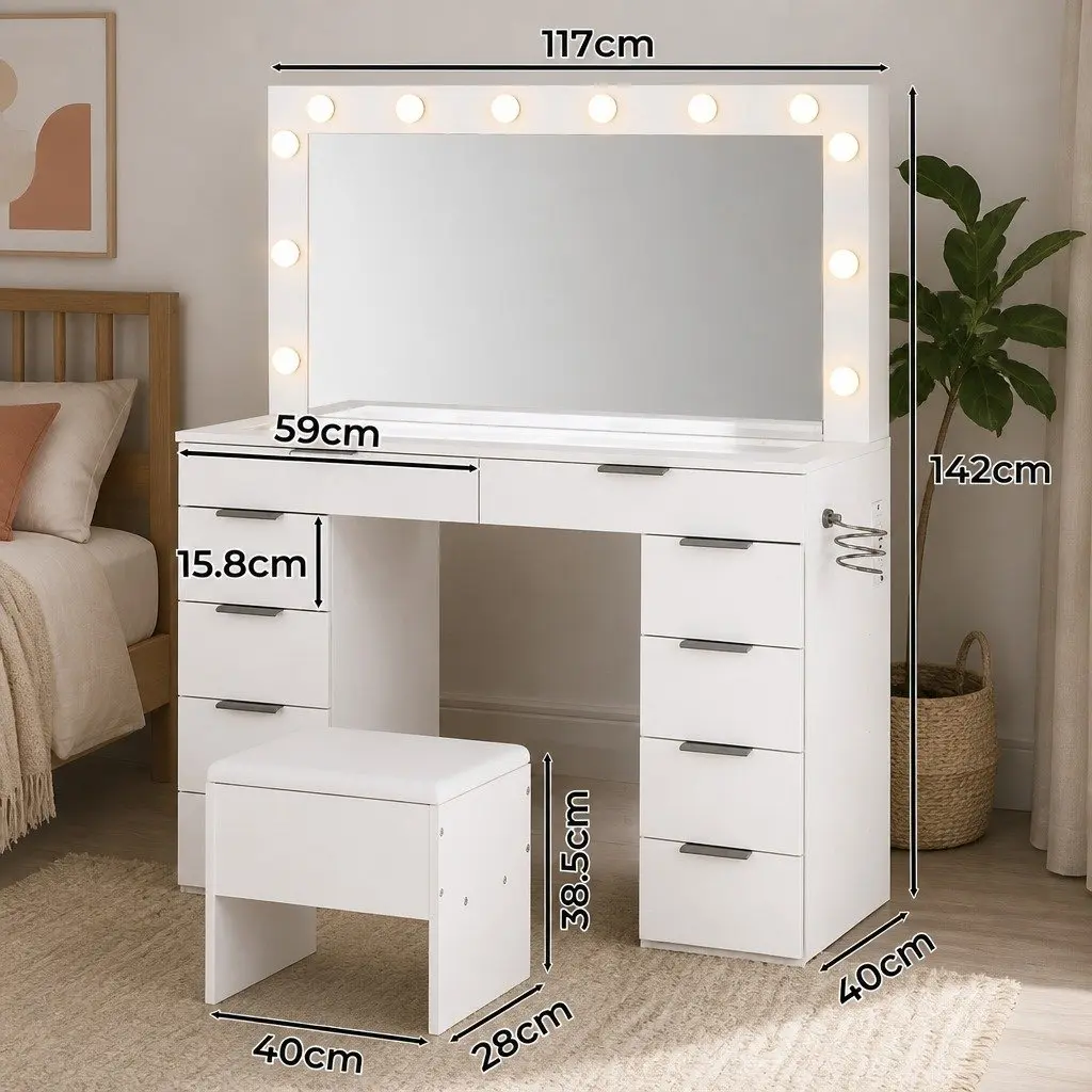 Dressing Table LED Makeup Mirror Vanity Desk Set with 10 Drawers and Padded Stool