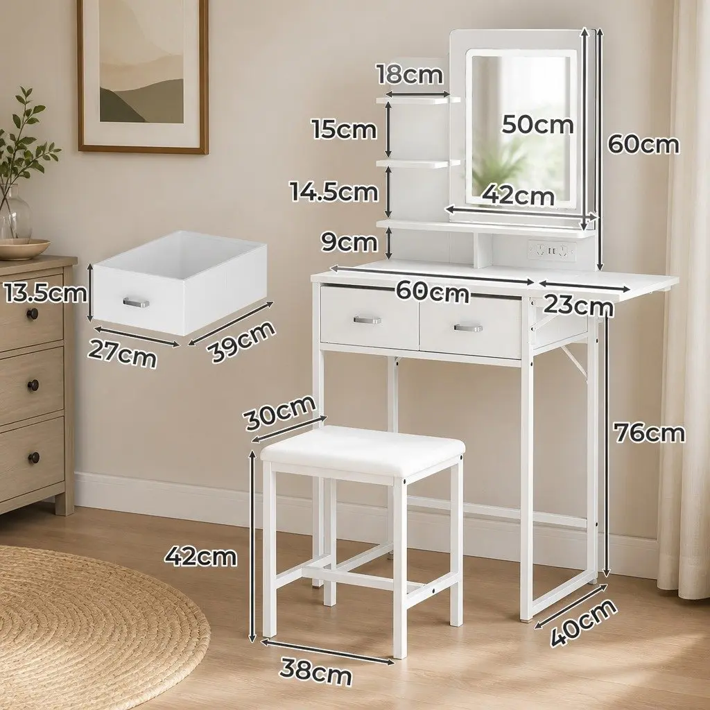 Dressing Table LED Makeup Mirror Foldable Panel Storage Stool Set White