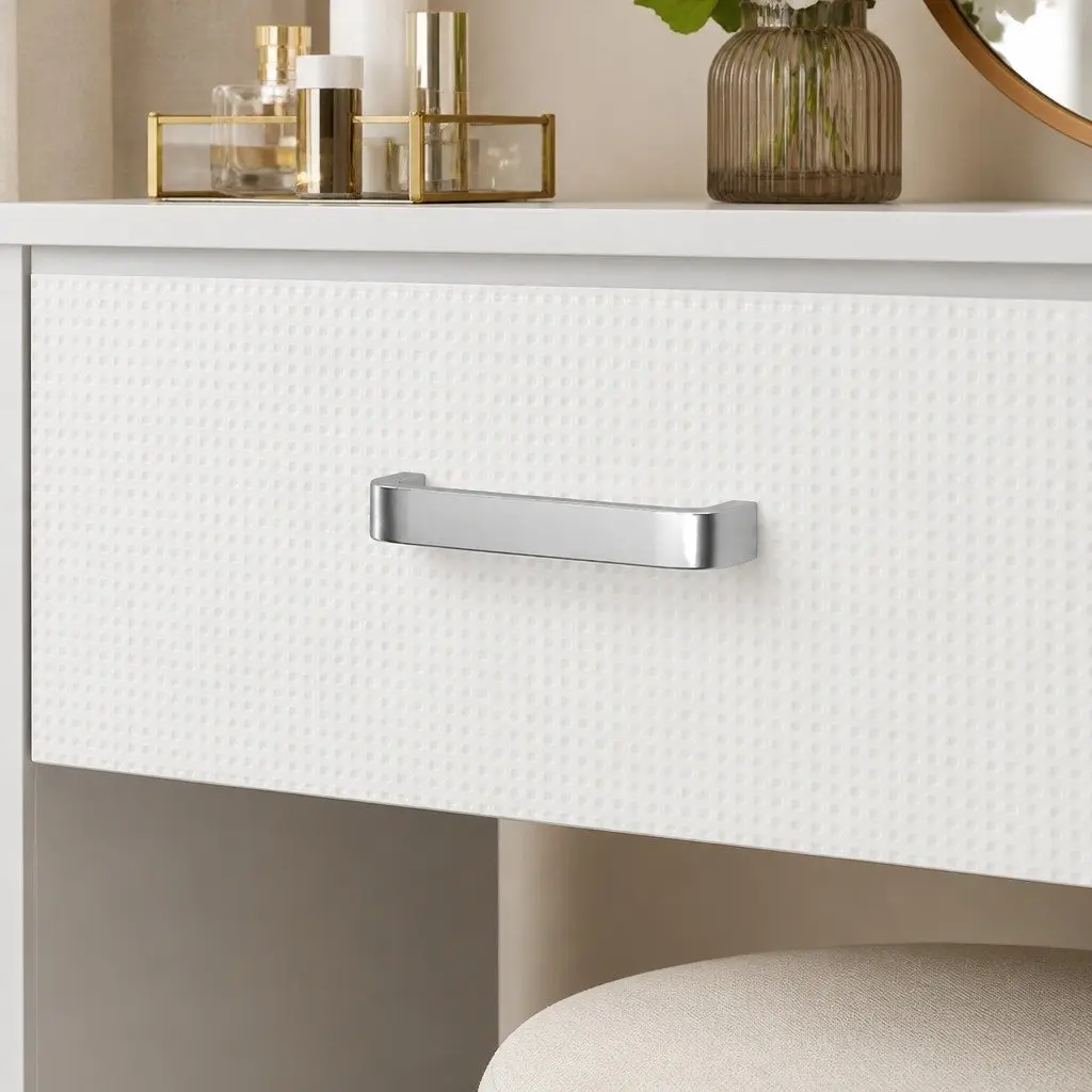 Dressing Table LED Makeup Mirror Foldable Panel Storage Stool Set White