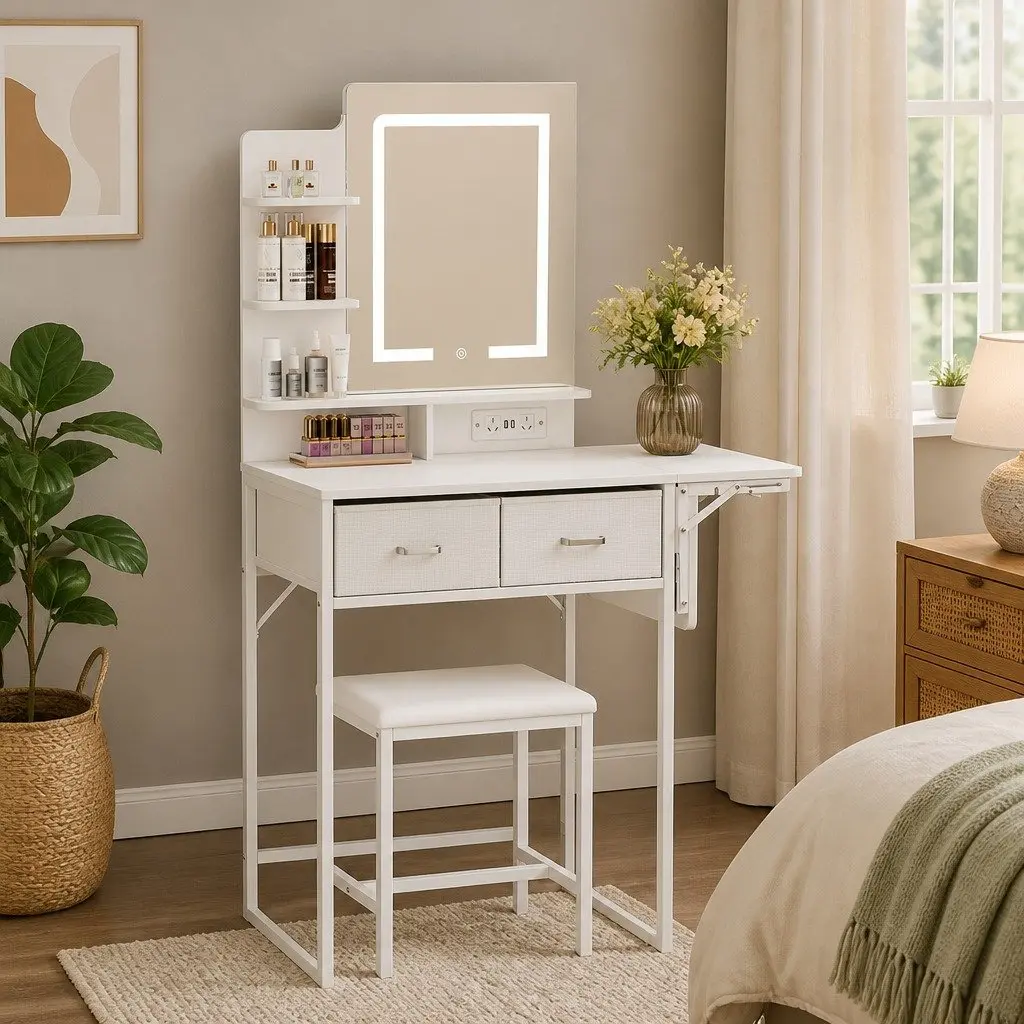 Dressing Table LED Makeup Mirror Foldable Panel Storage Stool Set White