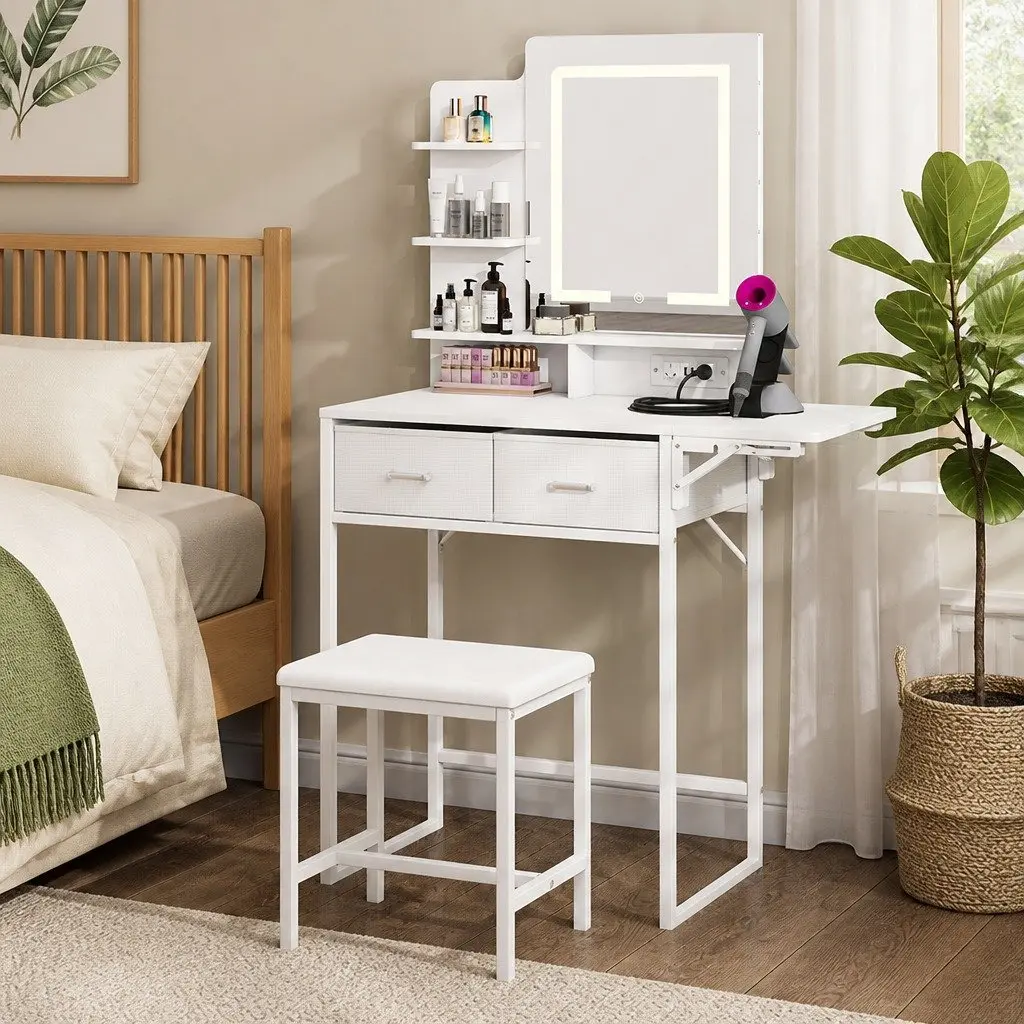 Dressing Table LED Makeup Mirror Foldable Panel Storage Stool Set White