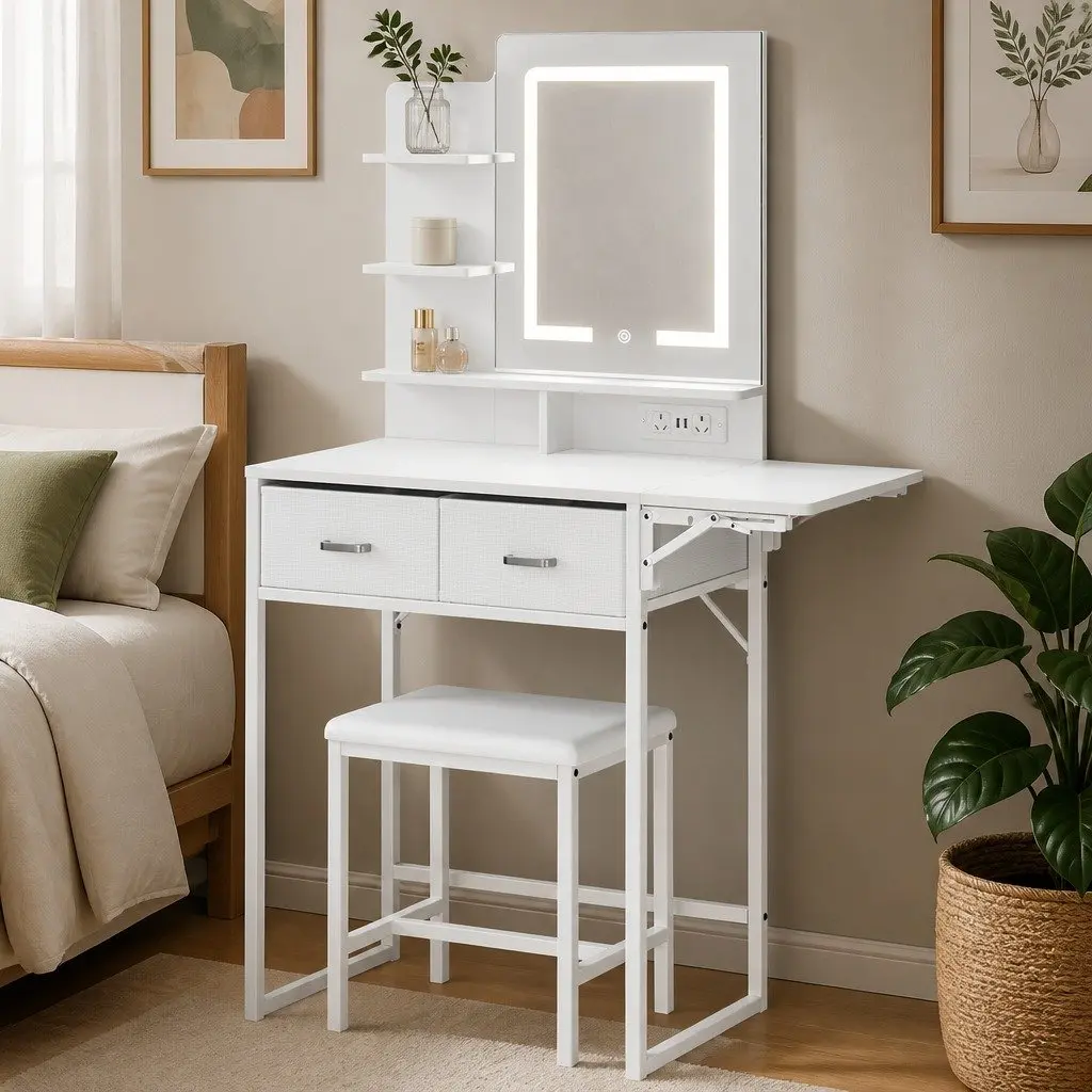 Dressing Table LED Makeup Mirror Foldable Panel Storage Stool Set White