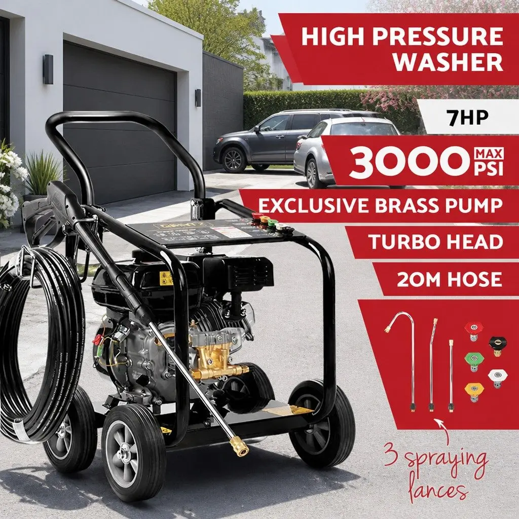 Petrol High Pressure Cleaner Washer 20M Hose Pump Water Blaster Gurney 3000psi
