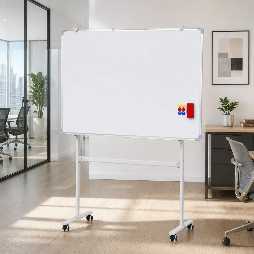 Double-Sided Magnetic Whiteboard with Lockable Wheels 90x120cm Yellow Erase