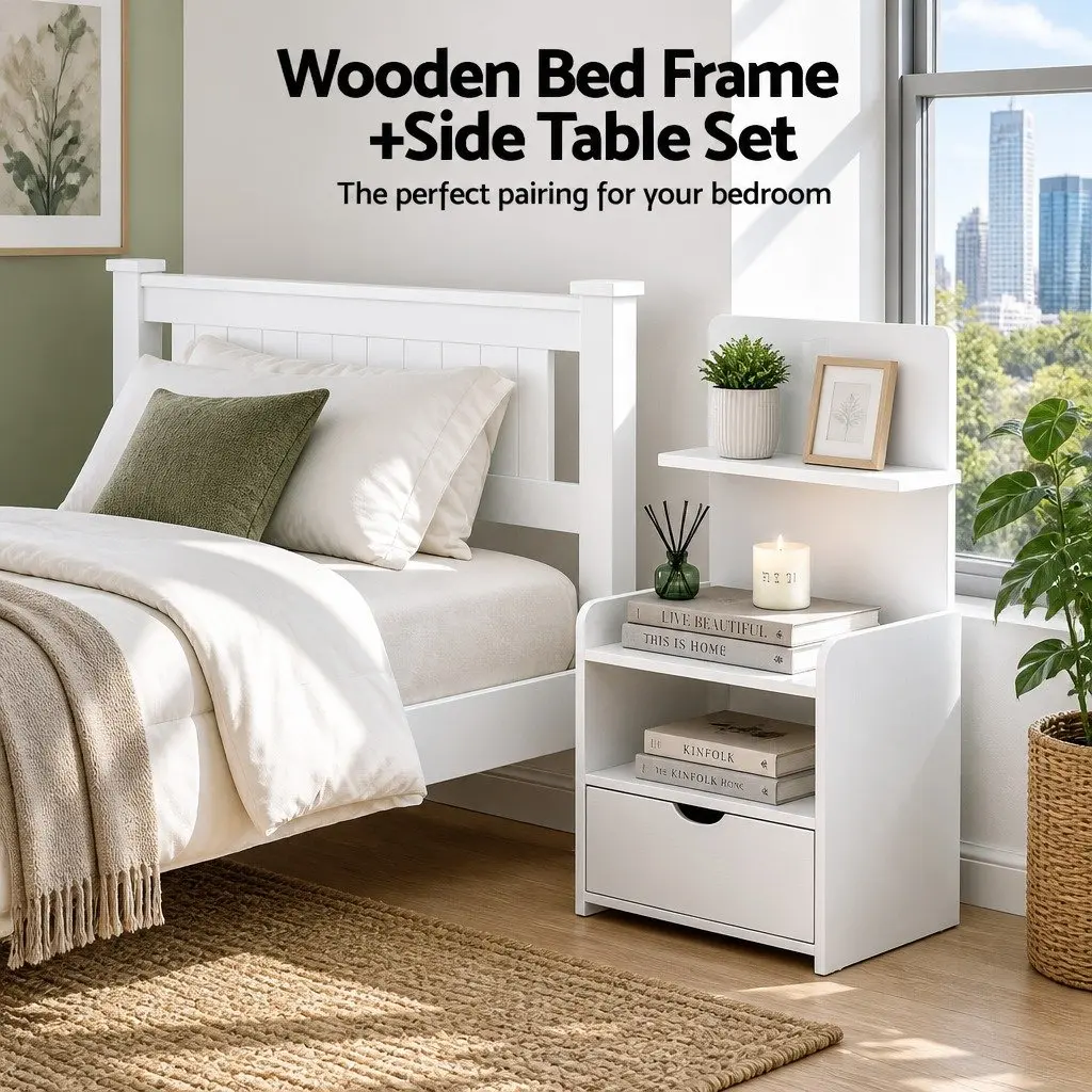 King Single Bed Frame and Nightstand Set