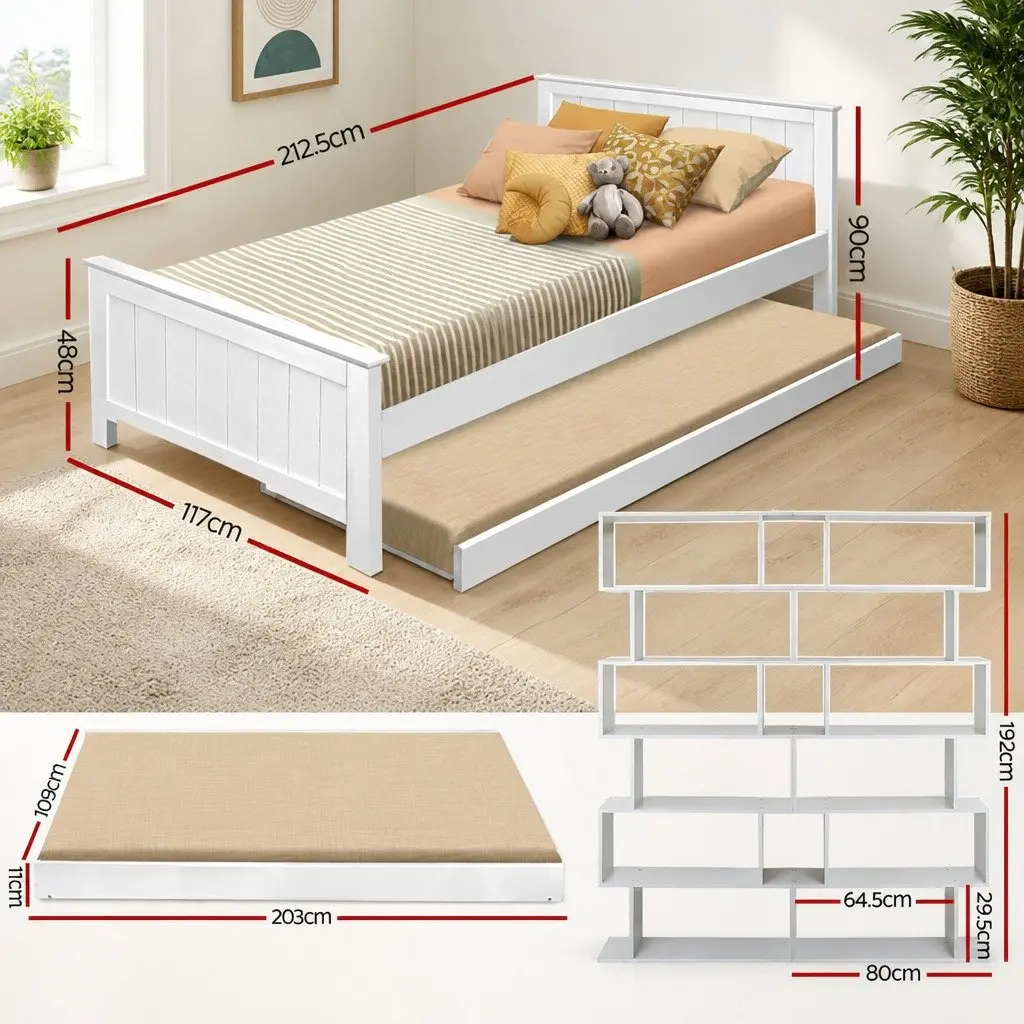 King Single Bed Frame with Pull-Out Trundle and 6-Tier Display Shelf White