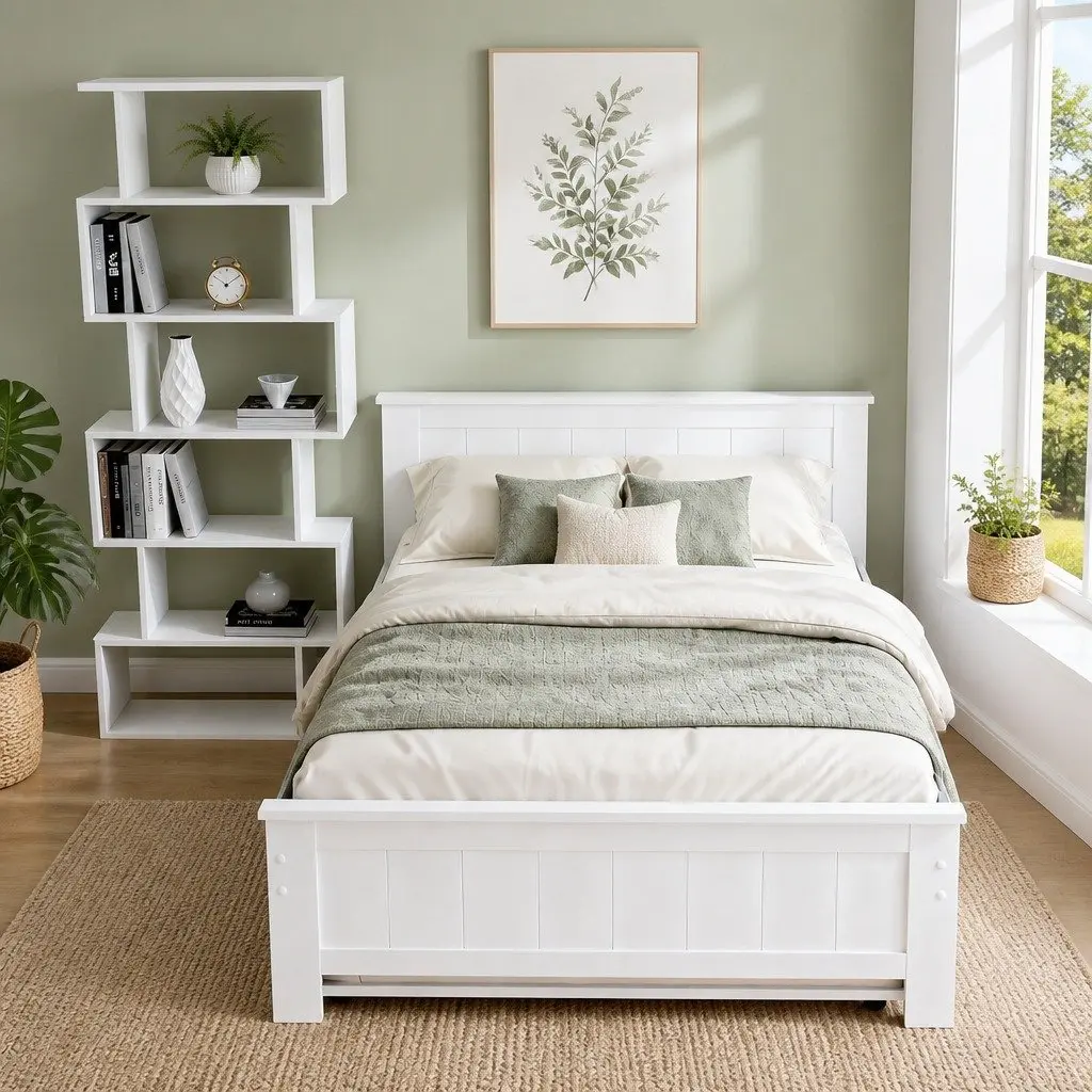 King Single Bed Frame with Pull-Out Trundle and 6-Tier Display Shelf White