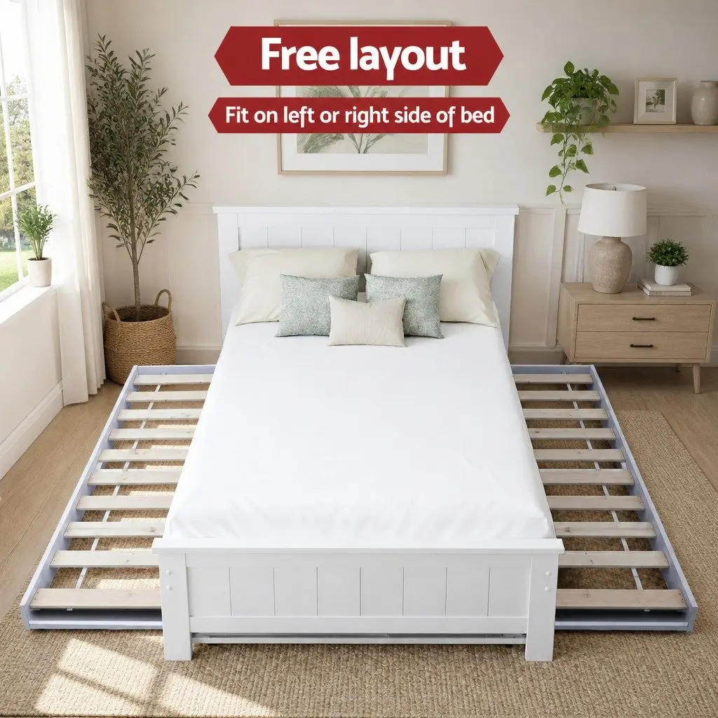 King Single Bed Frame with Pull-Out Trundle and 6-Tier Display Shelf White