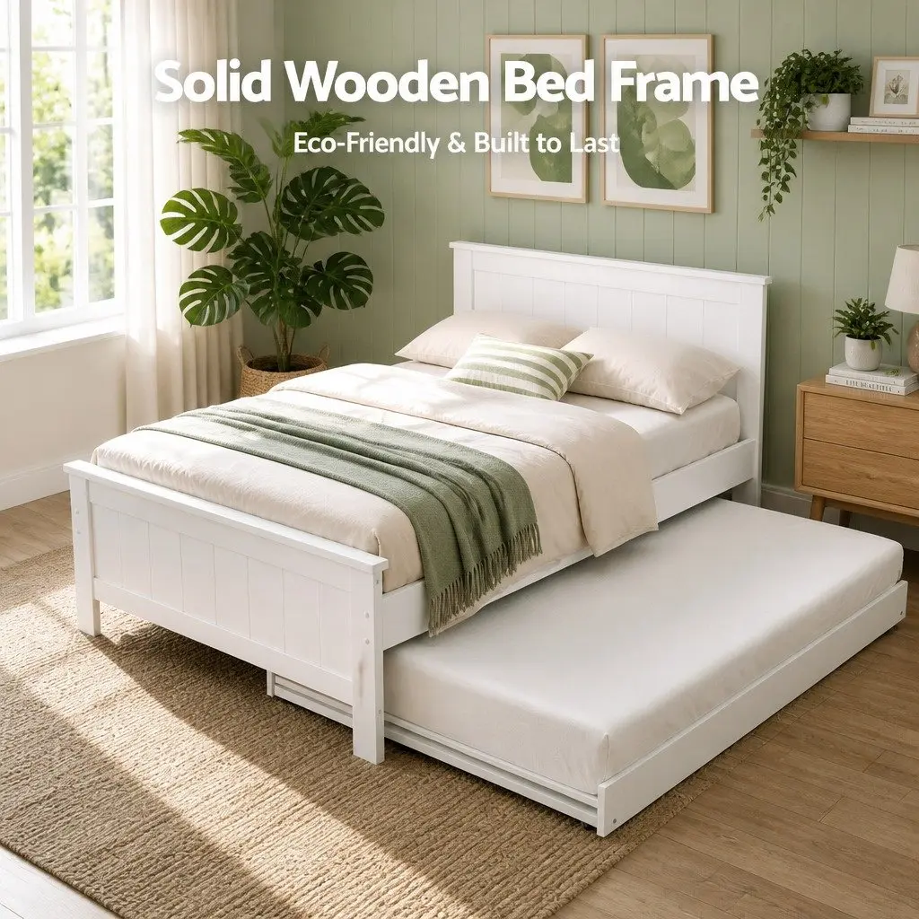 King Single Bed Frame with Pull-Out Trundle and 6-Tier Display Shelf White