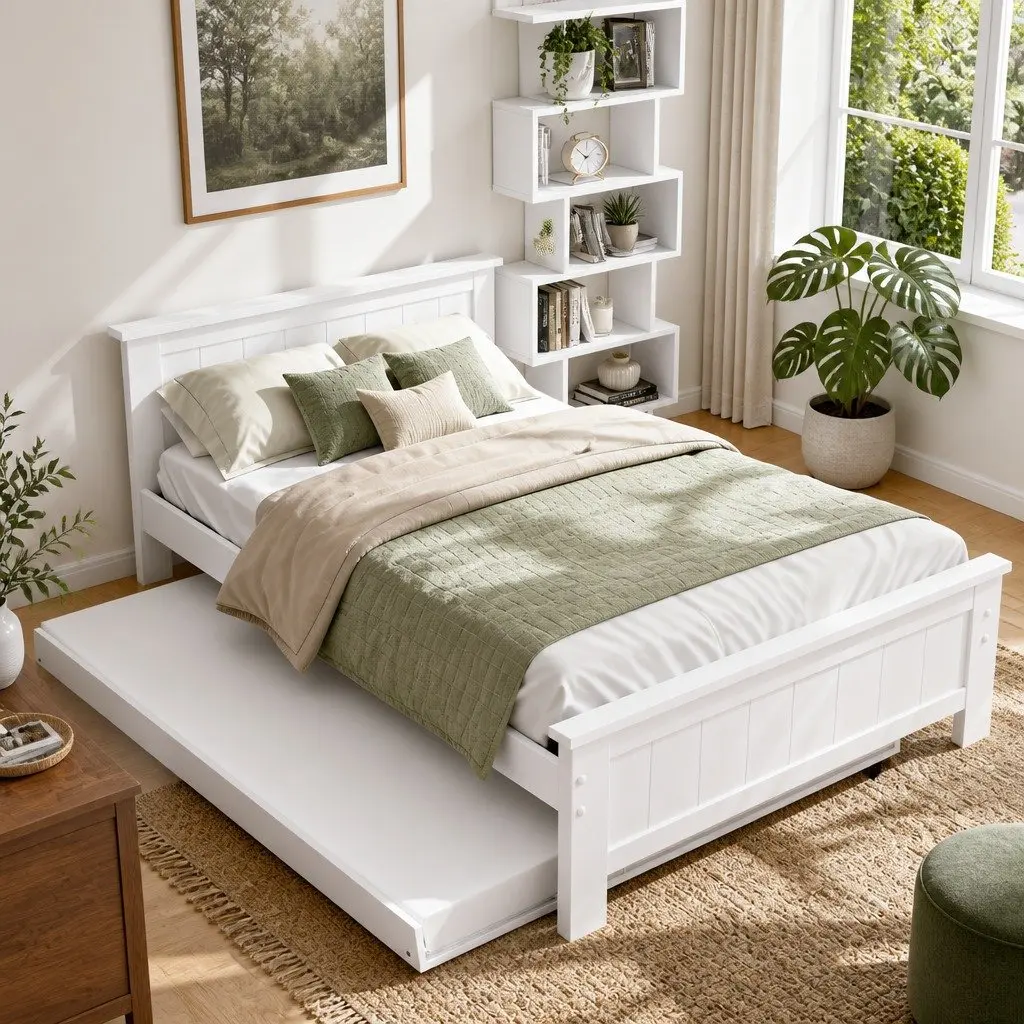 King Single Bed Frame with Pull-Out Trundle and 6-Tier Display Shelf White