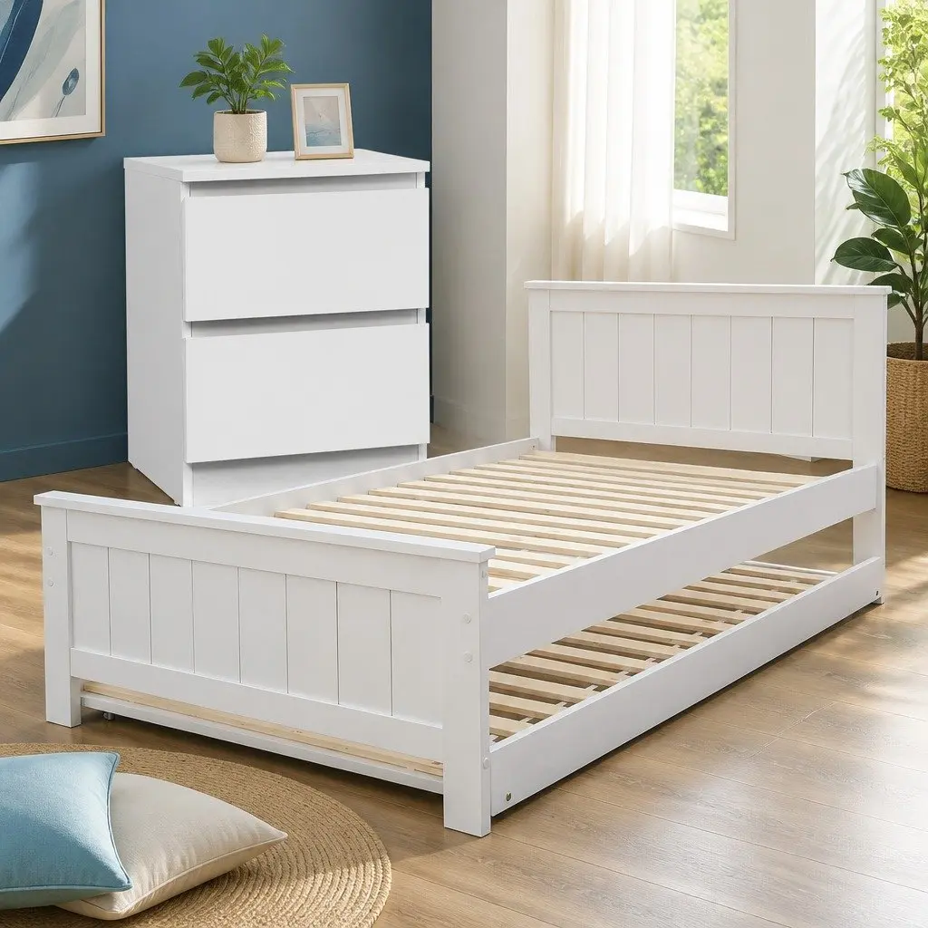 Pull-Out Trundle Bed Frame with Bedside Table Storage King Single White