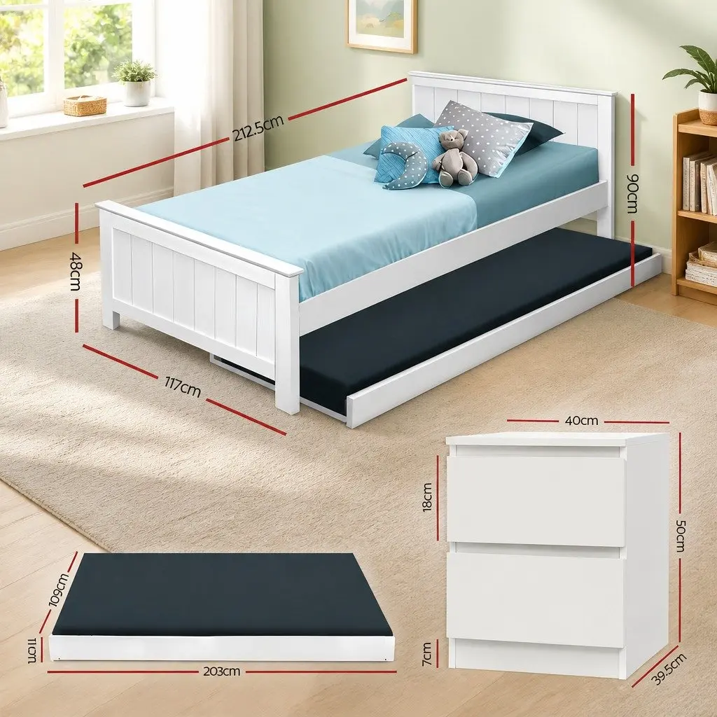 Pull-Out Trundle Bed Frame with Bedside Table Storage King Single White