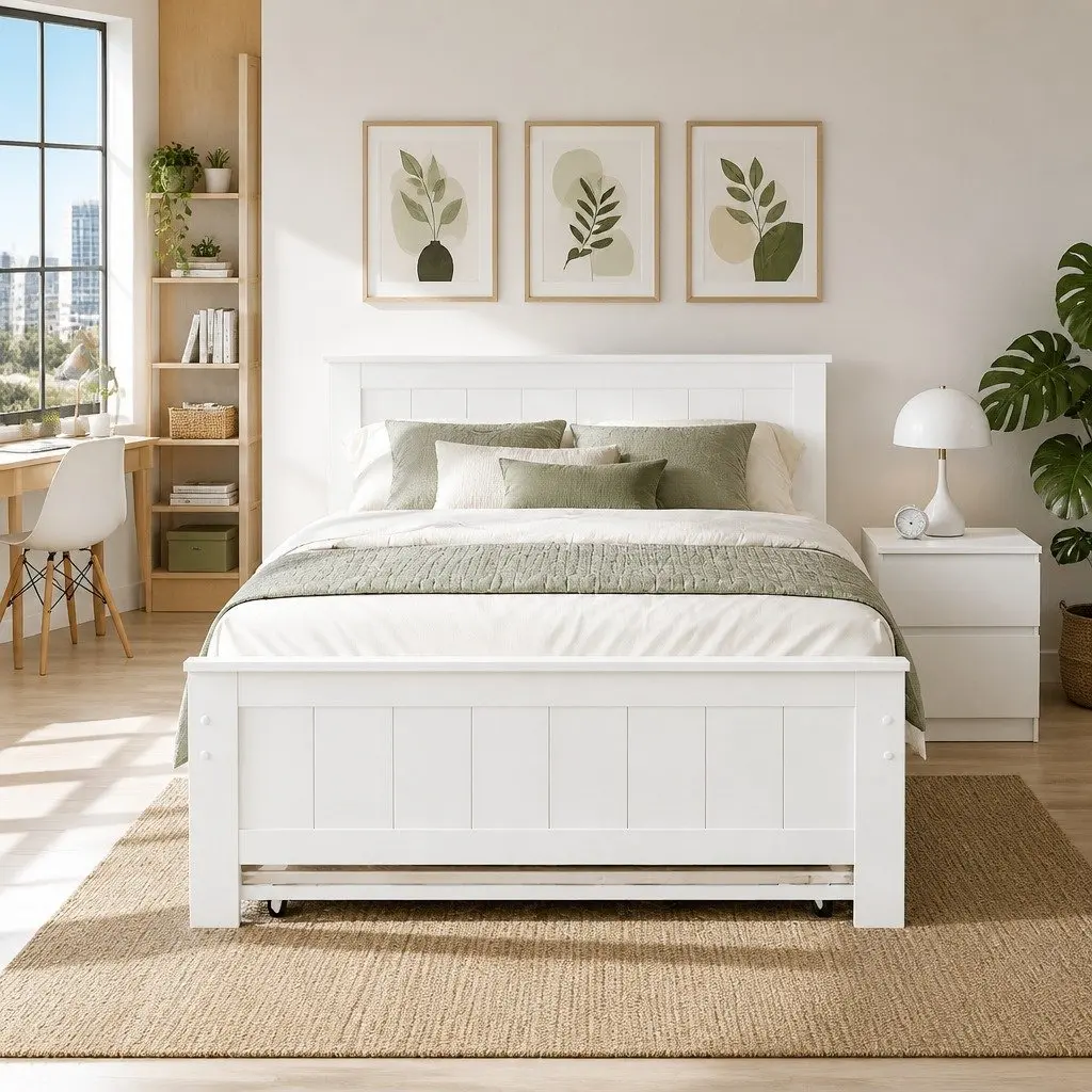 Pull-Out Trundle Bed Frame with Bedside Table Storage King Single White