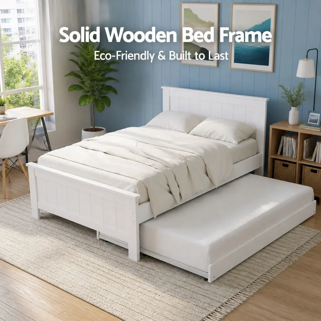 Pull-Out Trundle Bed Frame with Bedside Table Storage King Single White
