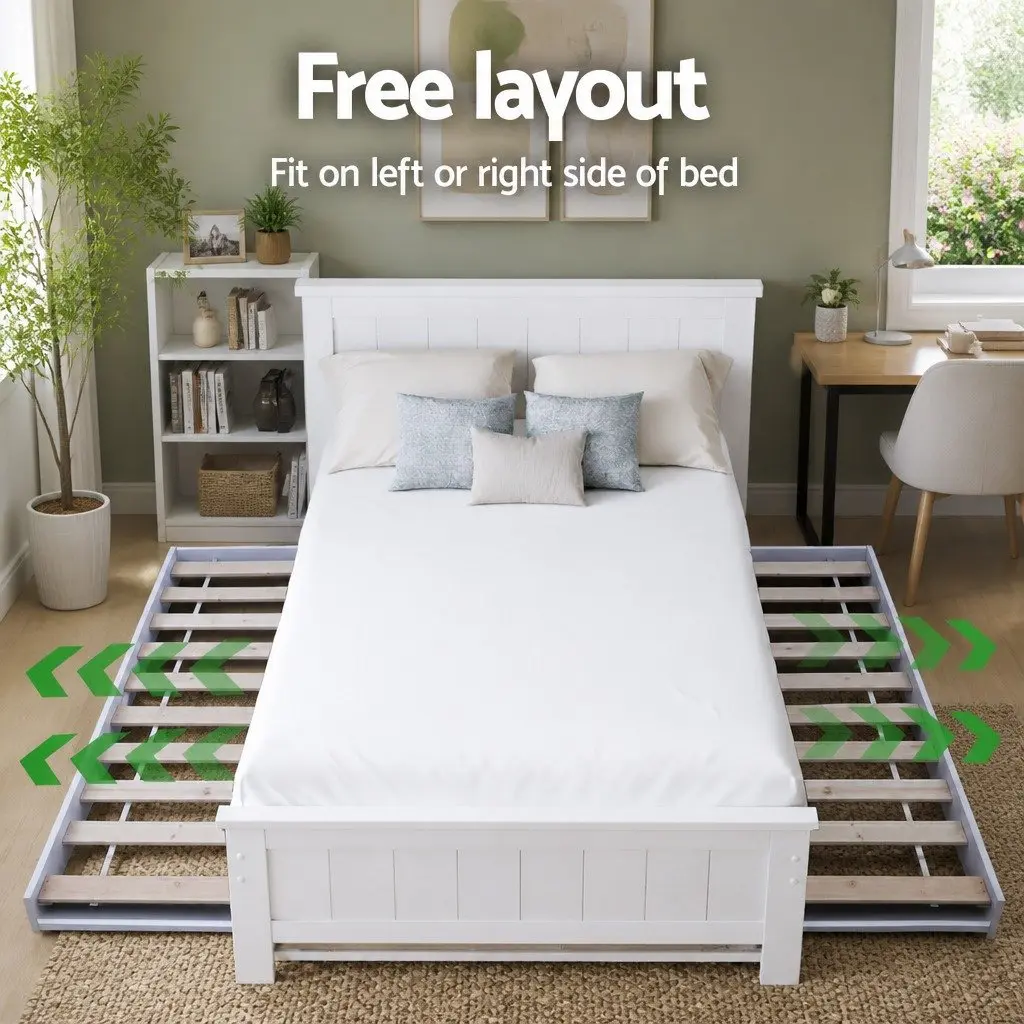 Pull-Out Trundle Bed Frame with Bedside Table Storage King Single White