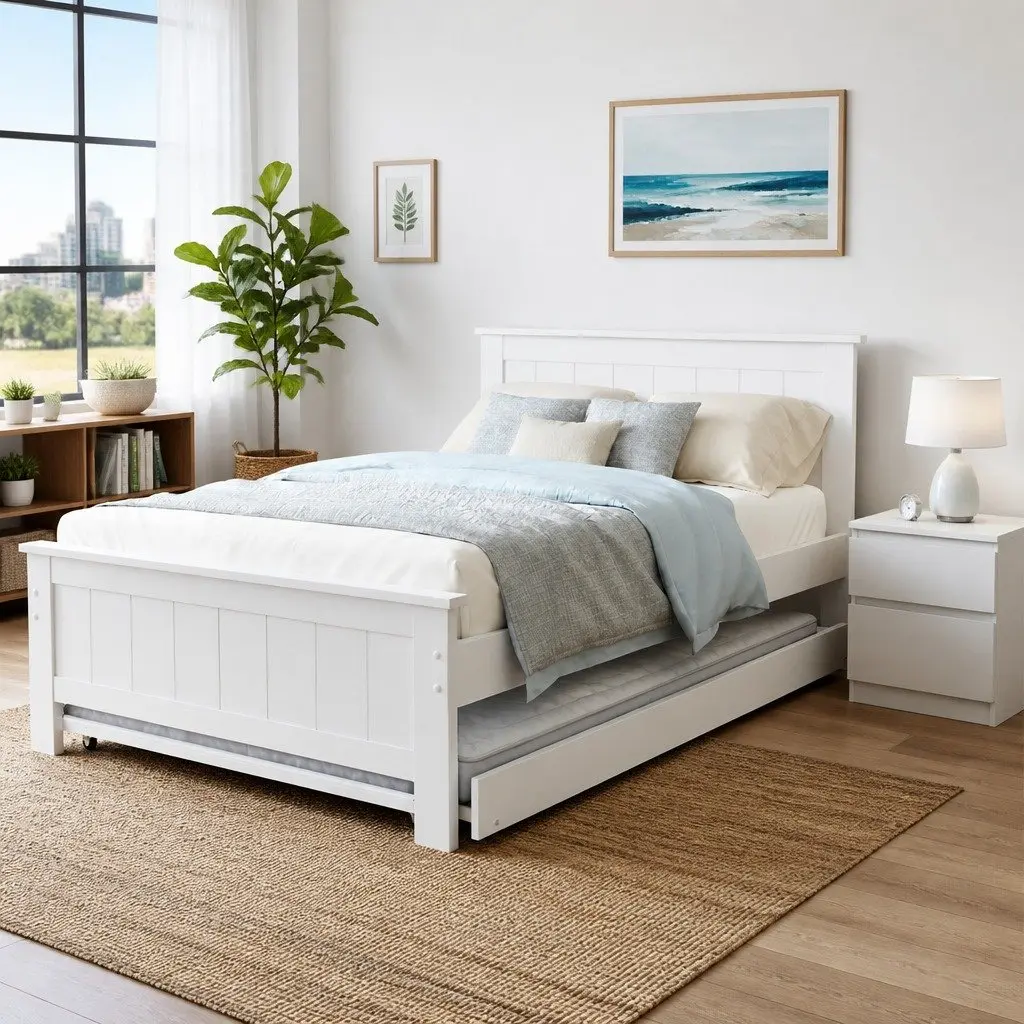 Pull-Out Trundle Bed Frame with Bedside Table Storage King Single White