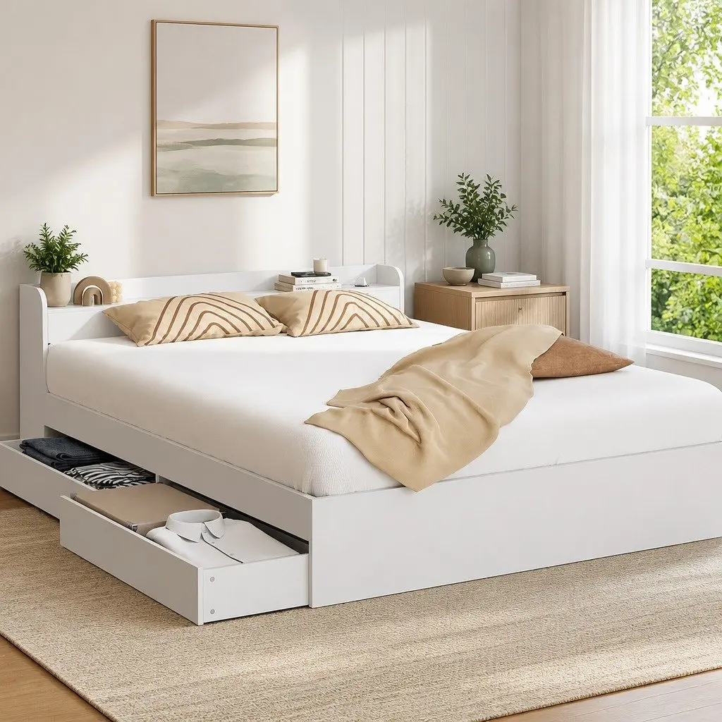 Double Bed Frame with USB Charging Ports Storage Headboard and 2 Drawers White 209x144x70cm