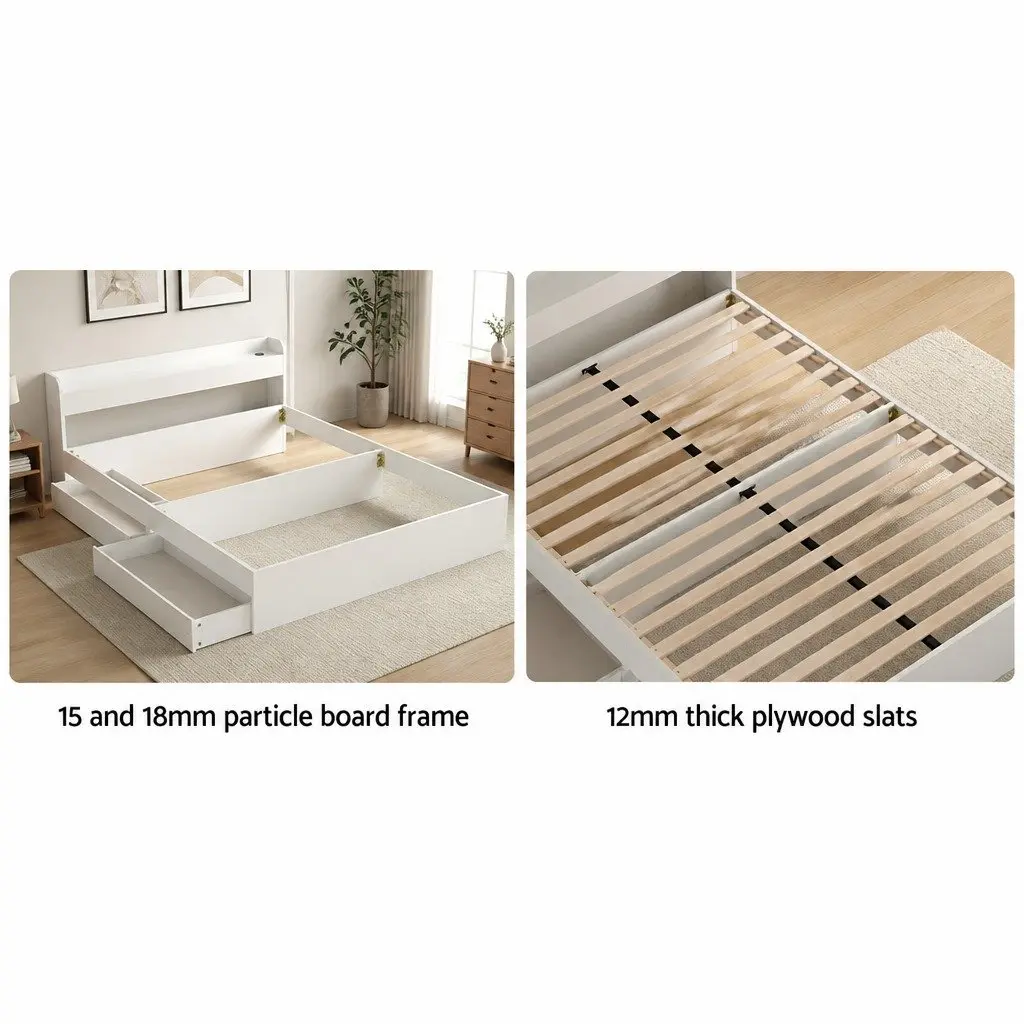 Double Bed Frame with USB Charging Ports Storage Headboard and 2 Drawers White 209x144x70cm