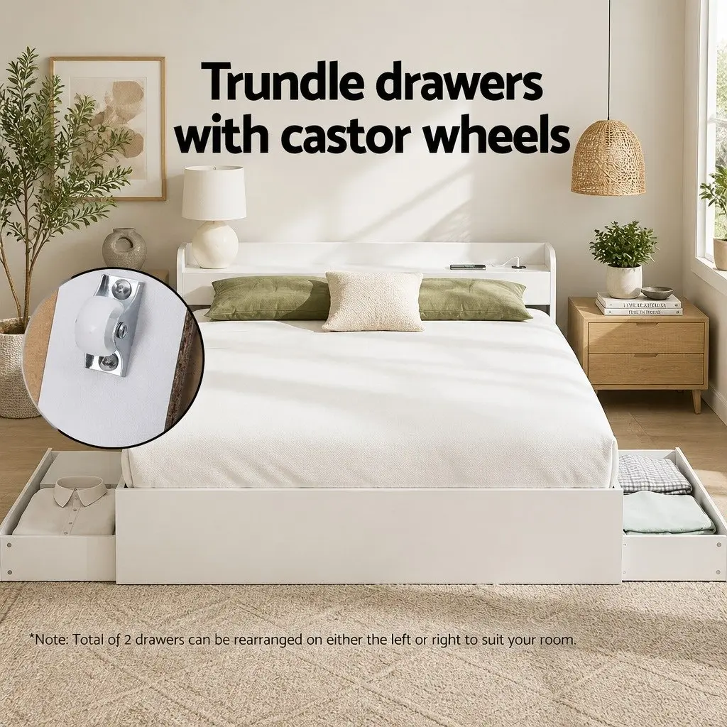 Double Bed Frame with USB Charging Ports Storage Headboard and 2 Drawers White 209x144x70cm