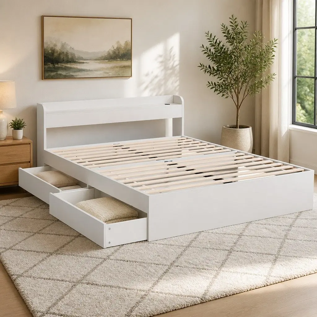 Double Bed Frame with USB Charging Ports Storage Headboard and 2 Drawers White 209x144x70cm