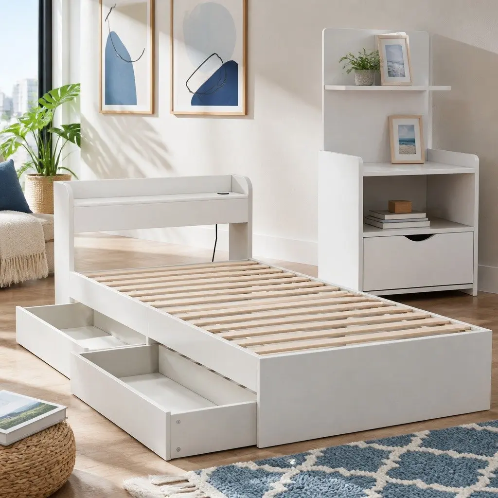Single Bed Frame with Charging Ports Bedside Table Storage Drawers White