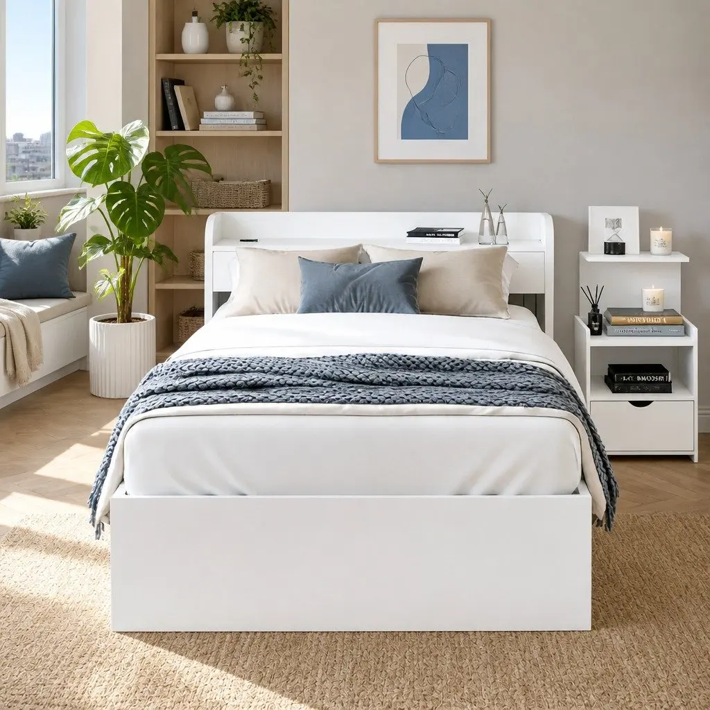 Single Bed Frame with Charging Ports Bedside Table Storage Drawers White