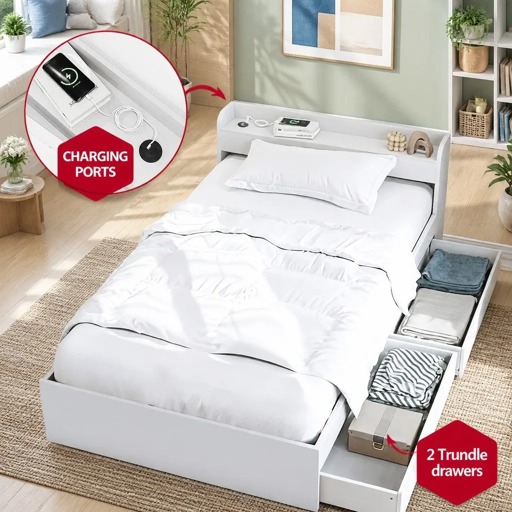 Single Bed Frame with Charging Ports Bedside Table Storage Drawers White