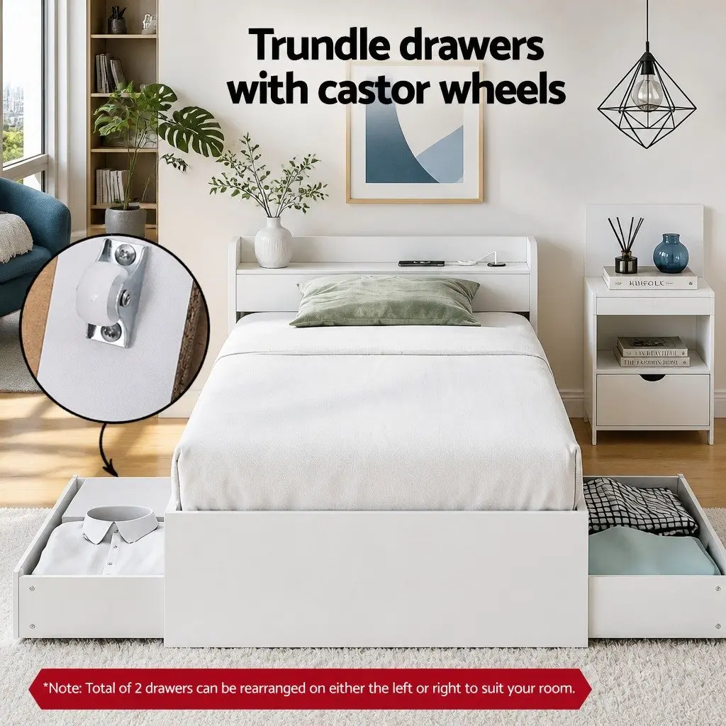 Single Bed Frame with Charging Ports Bedside Table Storage Drawers White