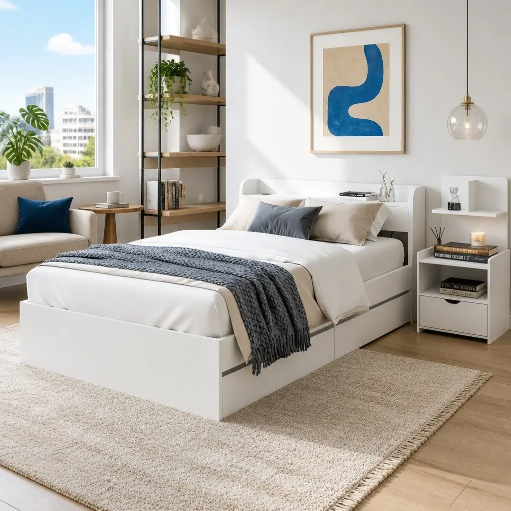Single Bed Frame with Charging Ports Bedside Table Storage Drawers White