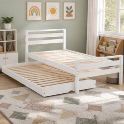 Space-Saving White Wooden Trundle Bed Frame