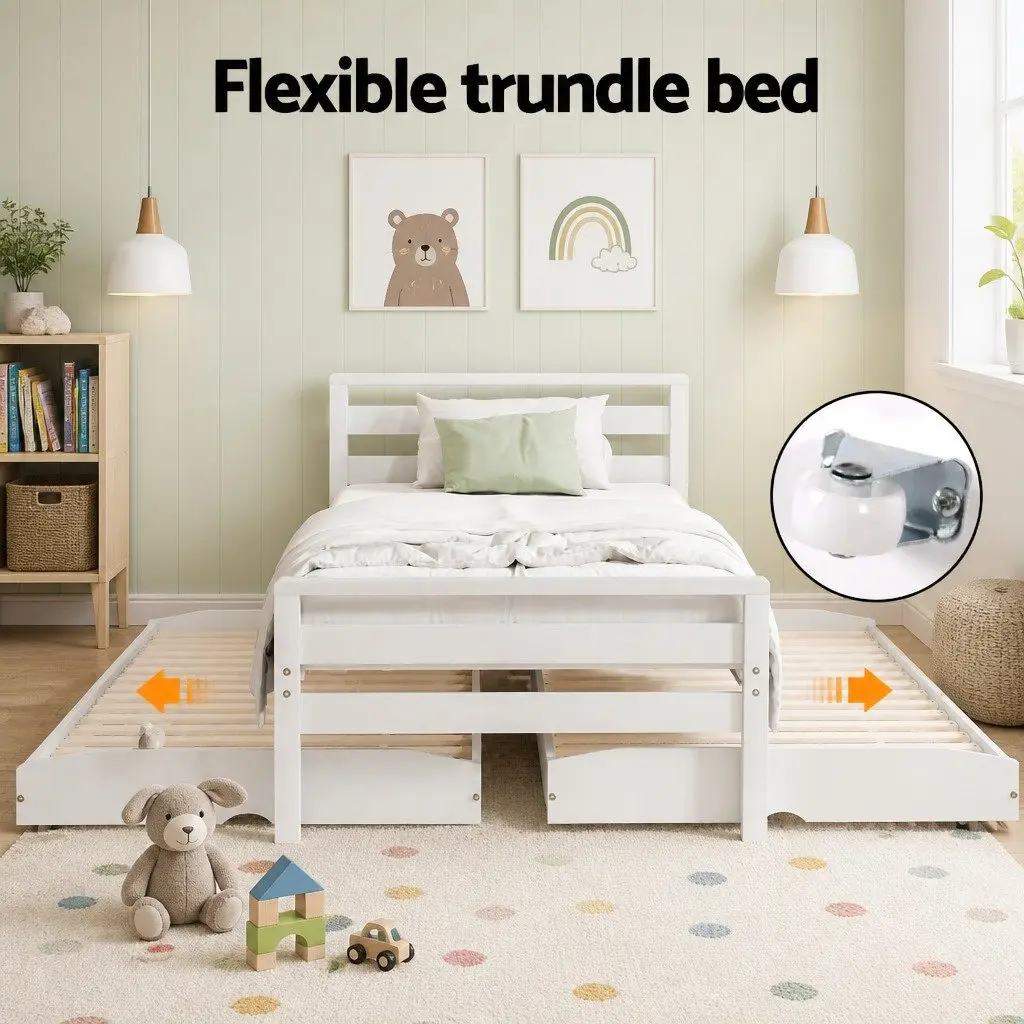 Single Bed Frame 2-in-1 Trundle White Wooden Pinewood Slatted Bedroom