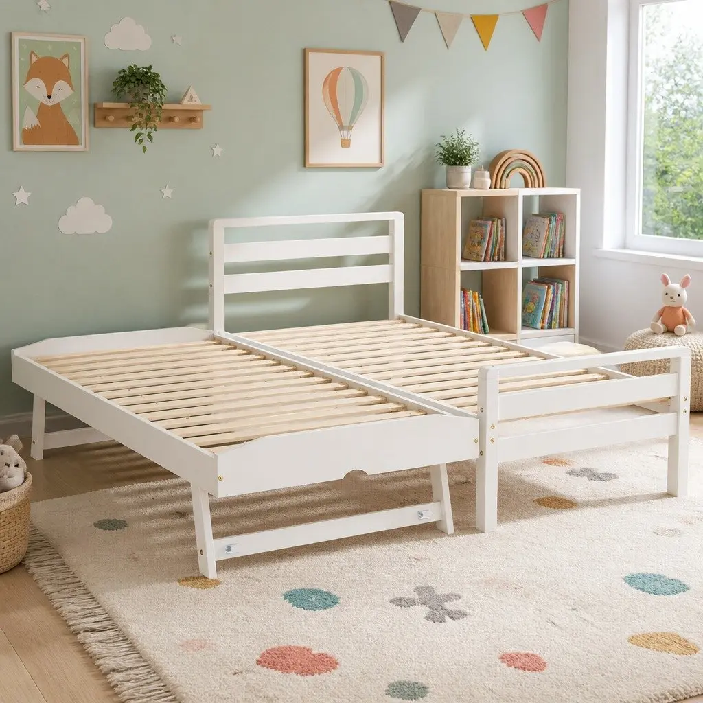 Single Bed Frame 2-in-1 Trundle White Wooden Pinewood Slatted Bedroom