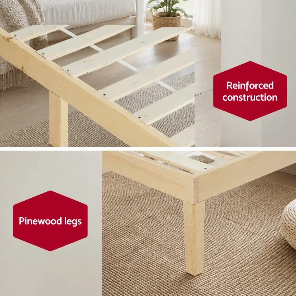 King Size Wooden Bed Frame Pine Slatted Base Minimalist Platform Bedroom