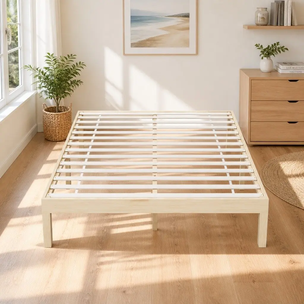 Queen Size Wooden Bed Frame Pine Timber Platform Slat Base Minimalist Bedroom
