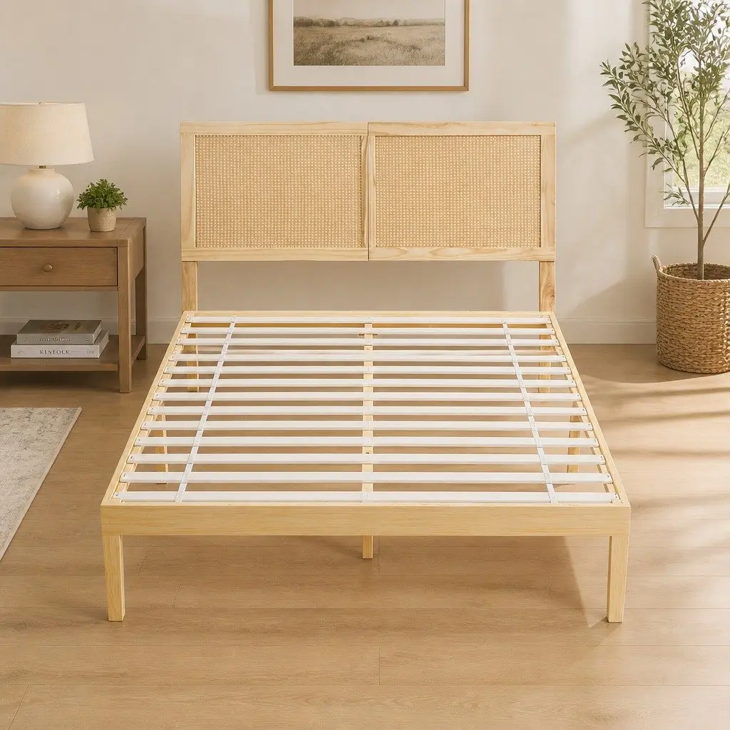 Double Bed Frame with Rattan Headboard Wooden Slatted Base Pine Bedroom