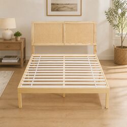 Double Bed Frame with Rattan Headboard Wooden Slatted Base Pine Bedroom