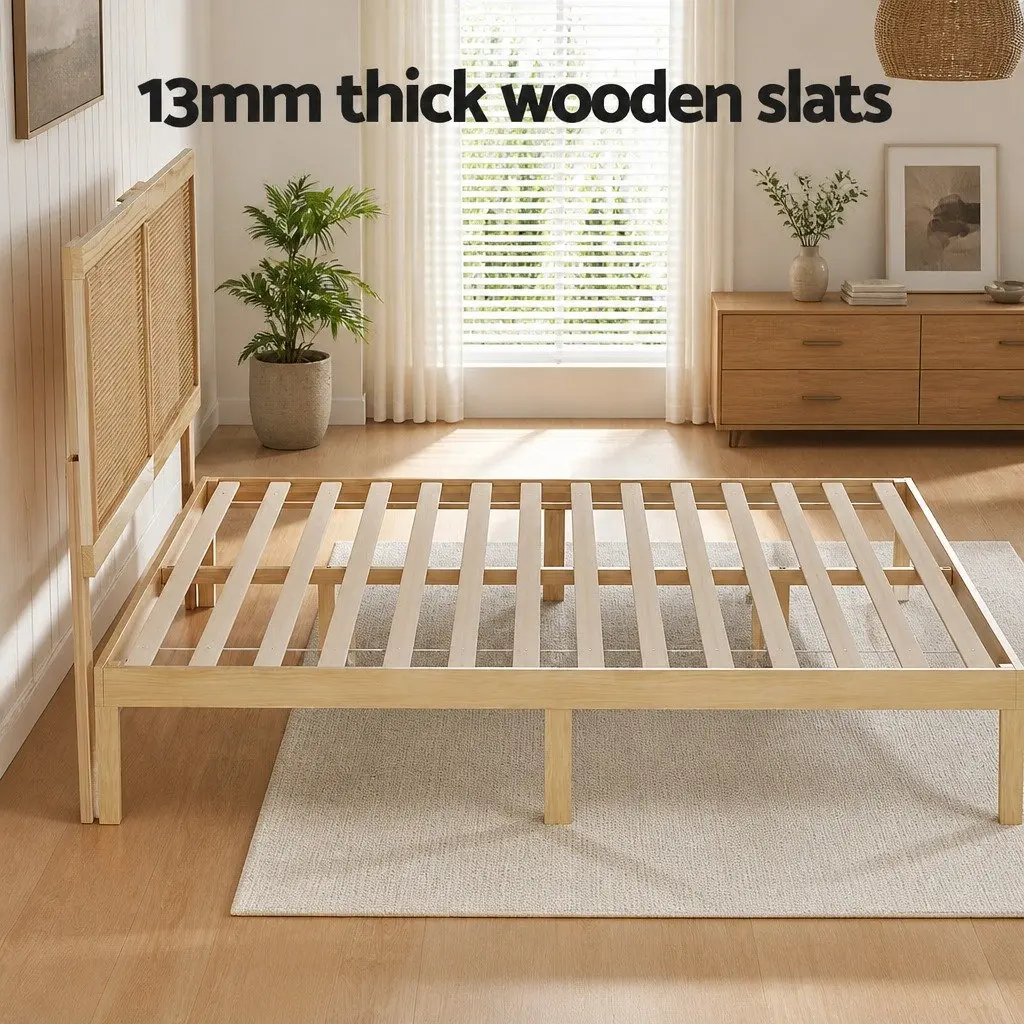 Double Bed Frame with Rattan Headboard Wooden Slatted Base Pine Bedroom