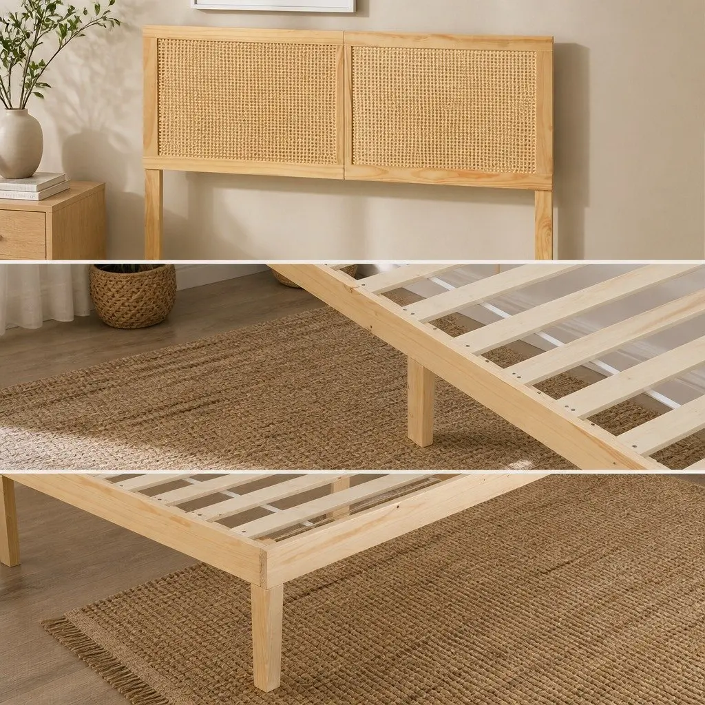 Double Bed Frame with Rattan Headboard Wooden Slatted Base Pine Bedroom