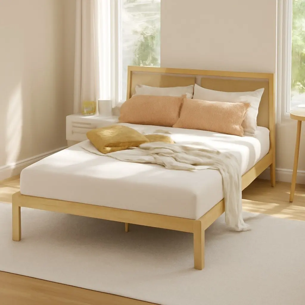 Queen Bed Frame and Rattan Headboard