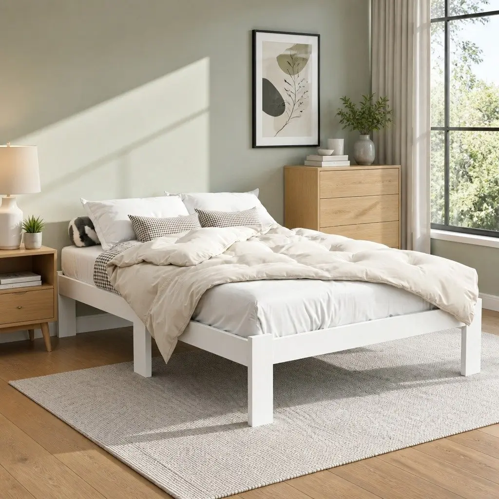 Double Bed Frame White Wooden Pine Bedroom Furniture with Under Bed Storage