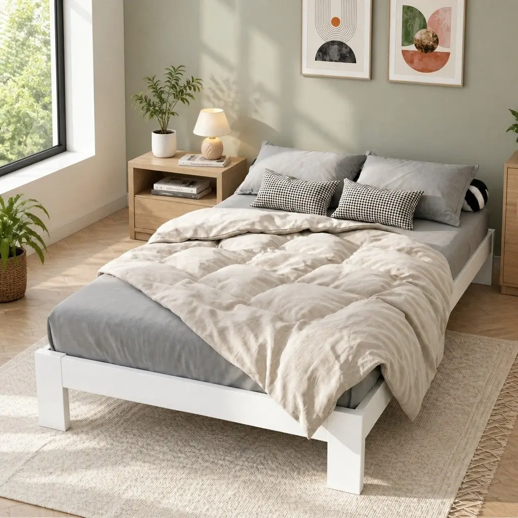 Double Bed Frame White Wooden Pine Bedroom Furniture with Under Bed Storage