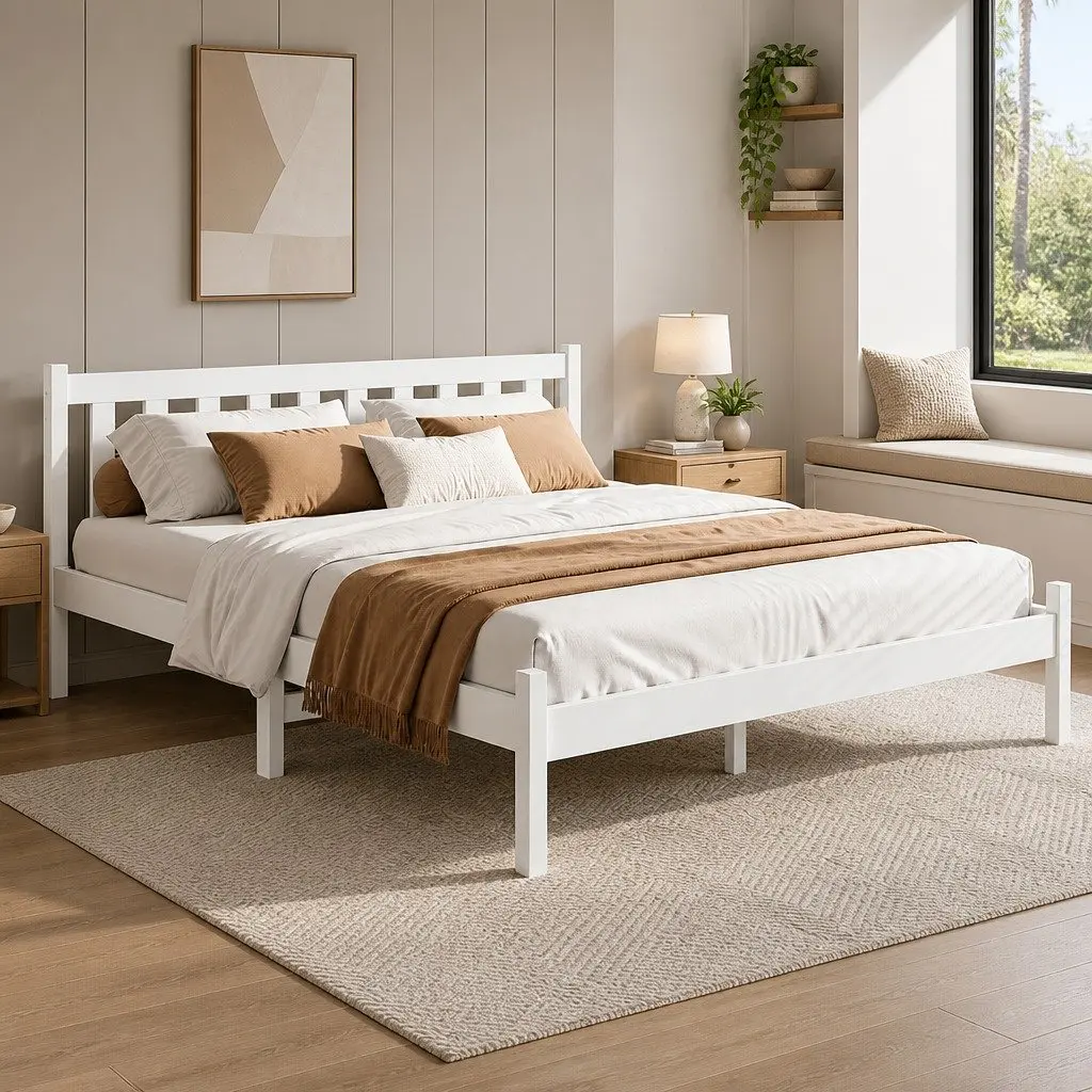 White Double Bed Frame with Headboard