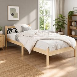 Single Bed Frame Wooden Pine Oak Bedroom Furniture with Storage Headboard