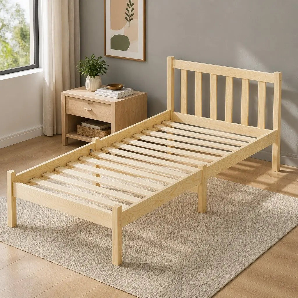 Single Bed Frame Oak Finish Solid Pine Wood with Storage Headboard 198cm x 98cm x 69cm