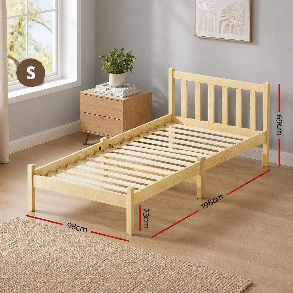 Single Bed Frame Oak Finish Solid Pine Wood with Storage Headboard 198cm x 98cm x 69cm