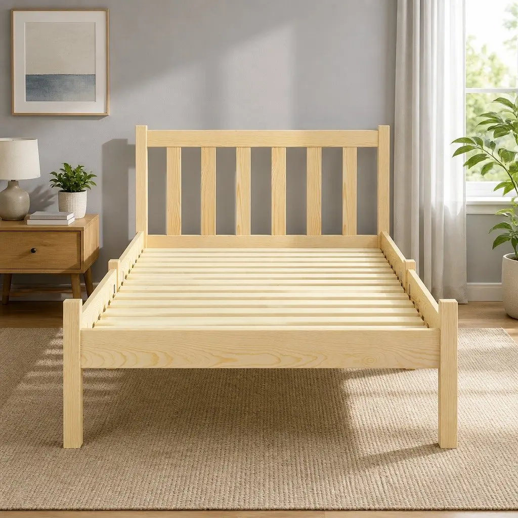 Single Bed Frame Oak Finish Solid Pine Wood with Storage Headboard 198cm x 98cm x 69cm