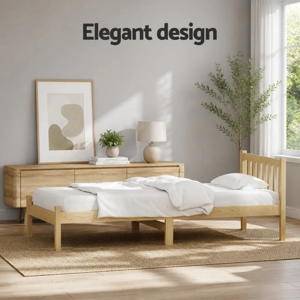Single Bed Frame Oak Finish Solid Pine Wood with Storage Headboard 198cm x 98cm x 69cm