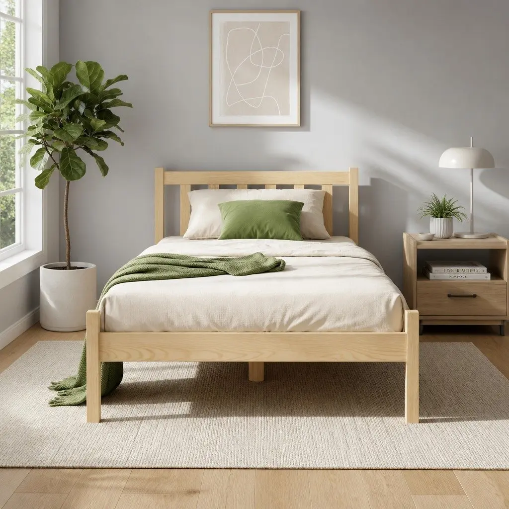 Single Bed Frame Oak Finish Solid Pine Wood with Storage Headboard 198cm x 98cm x 69cm